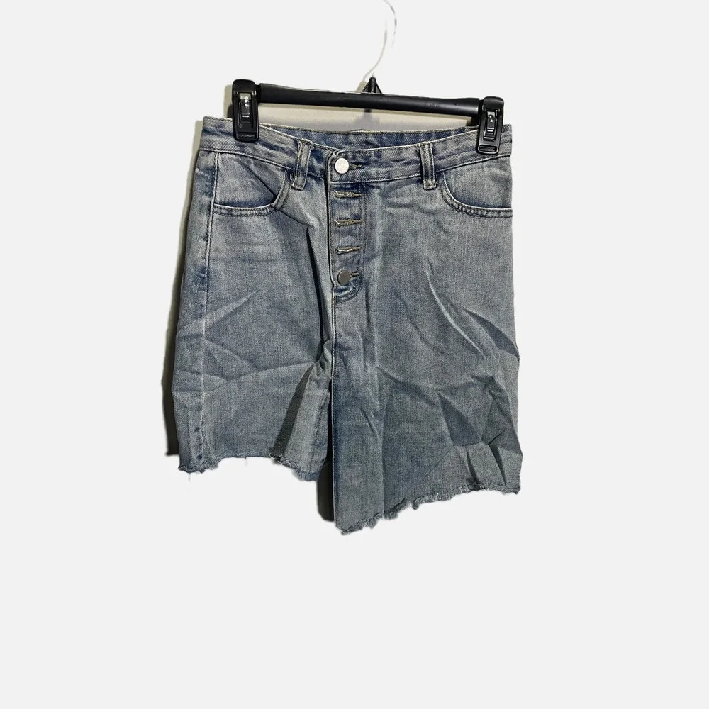 Elephant Women Blue Denim Asymmetrical Raw Hem Mini Skirt‎ Button Fly Size L